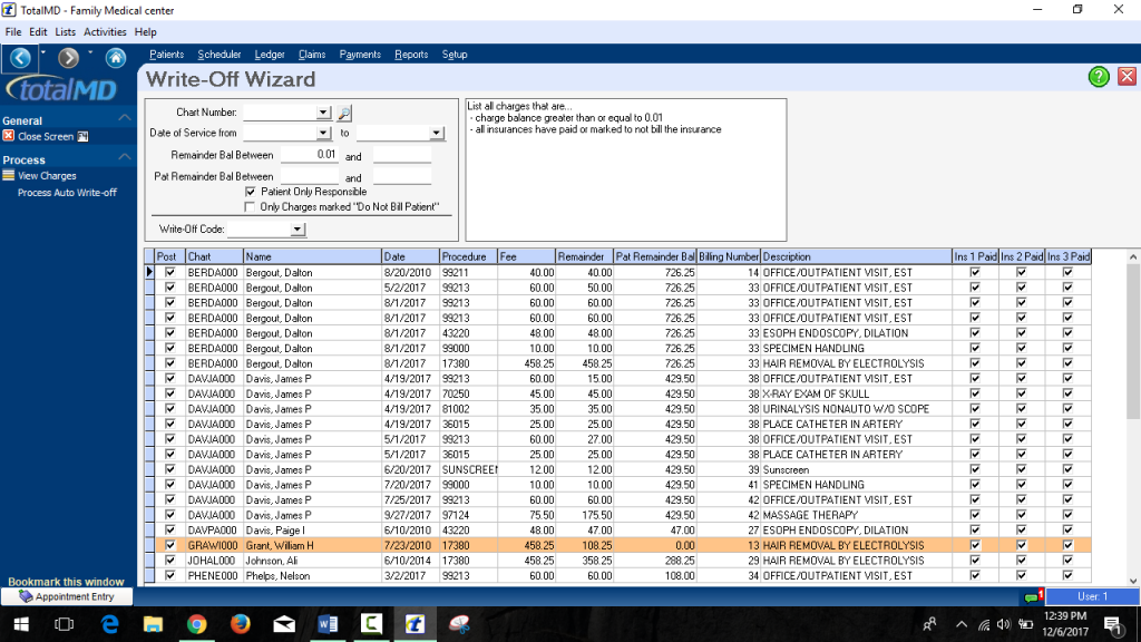 Write Off Wizard Screen in TotalMD 18 