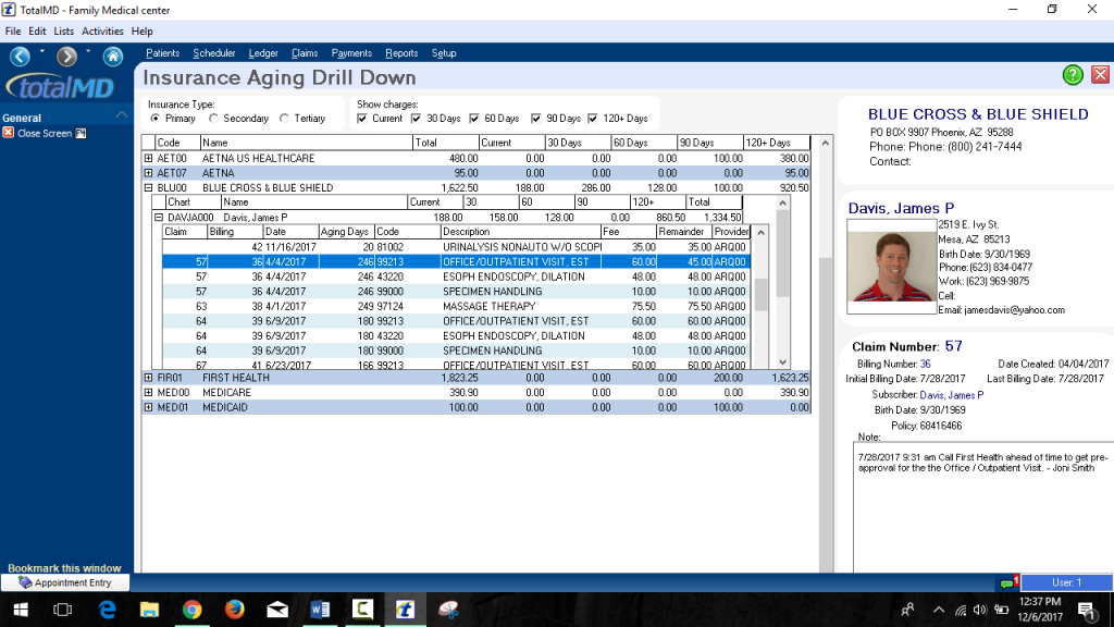 Aging Insurance Screen in TotalMD 18 