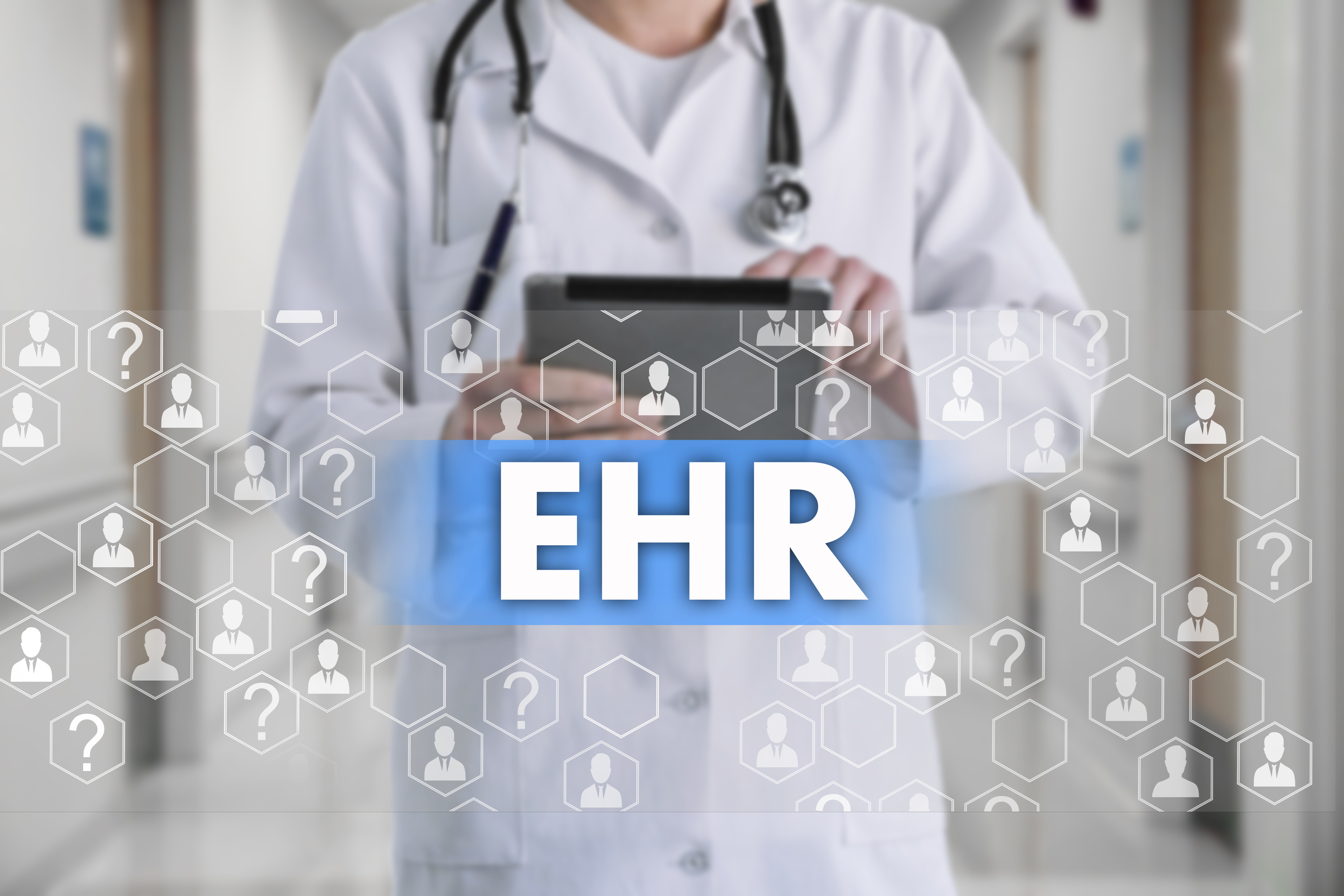 Electronic health record. EHR on the touch screen with medicine icons on the background blur Doctor in hospital.Innovation treatment, service, data analysis health.
