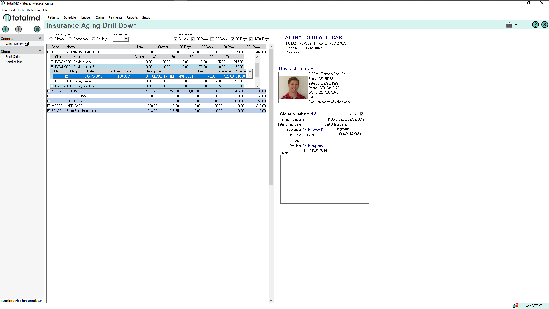 medical software insurance aging drilldown